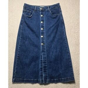 Estee Brown Denim Midi Skirt Blue Button Front High Waist A-Line Size S 36 EB052